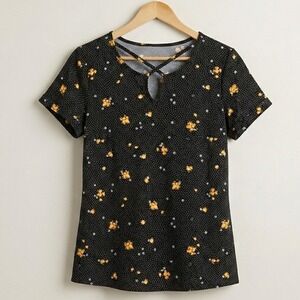 Joe Boxer Floral Polka Dot Strappy Neck Top Size Large Black Yellow Short Sleeve